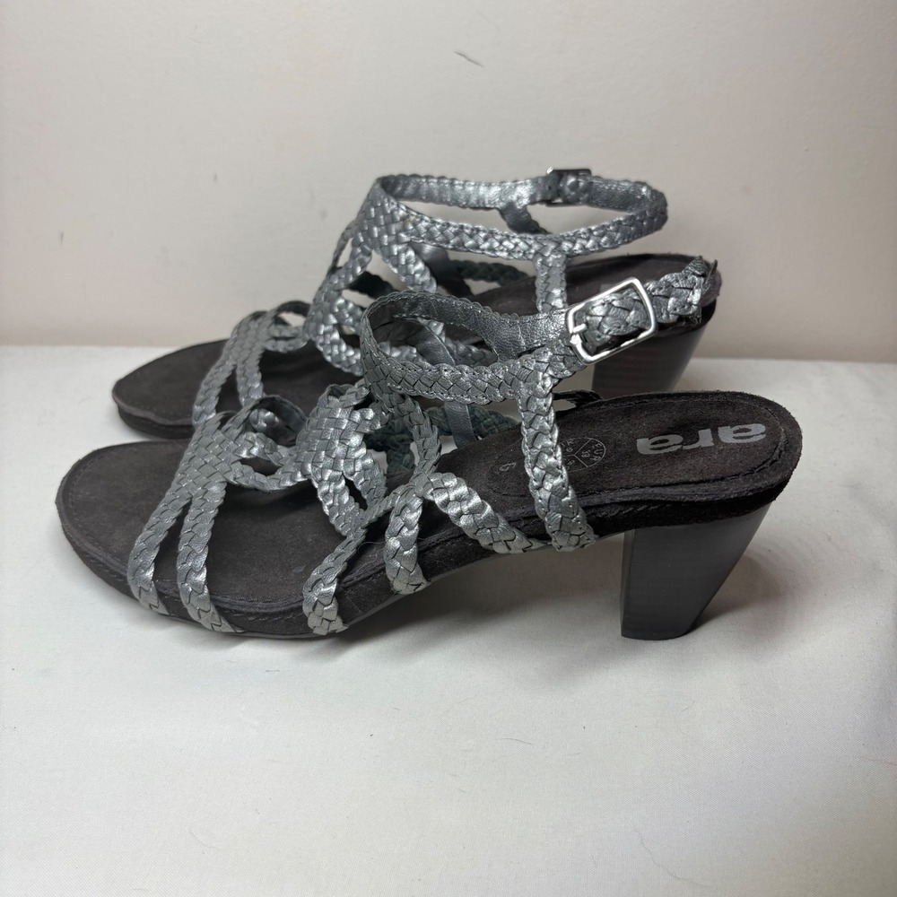 Ara Womens Silver Metallic Braided Strappy Block Heel Sandals Size 6